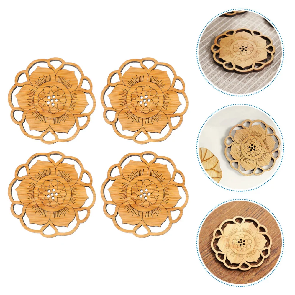 4Pcs Bamboo Cup Mats Thickened Lotus Shape Cup Pads Exquisite Coasters (Wood Color)