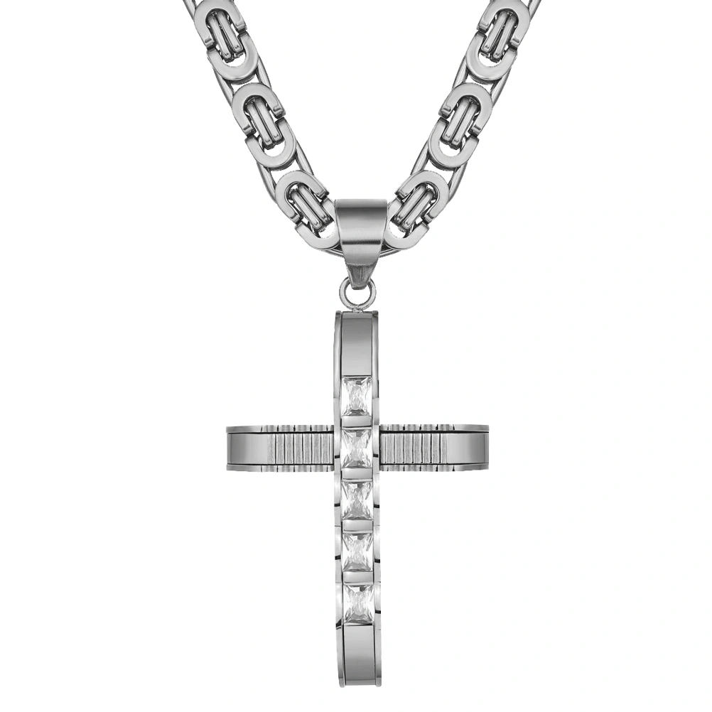 Cross Necklace Rhinestone Titanium Steel Decorative Necklace Pendant Gift for Man (Silver)