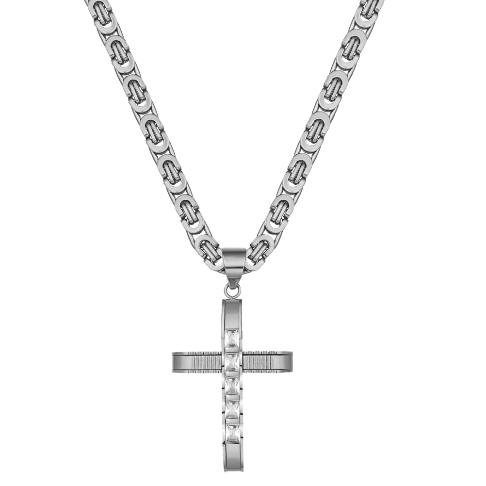 Cross Necklace Rhinestone Titanium Steel Decorative Necklace Pendant Gift for Man (Silver)