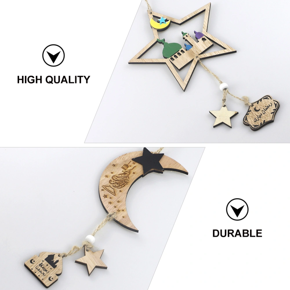 1 Set 2Pcs Exquisite Eid Decors Wooden Moon Star Hanging Decors (Wood Color)