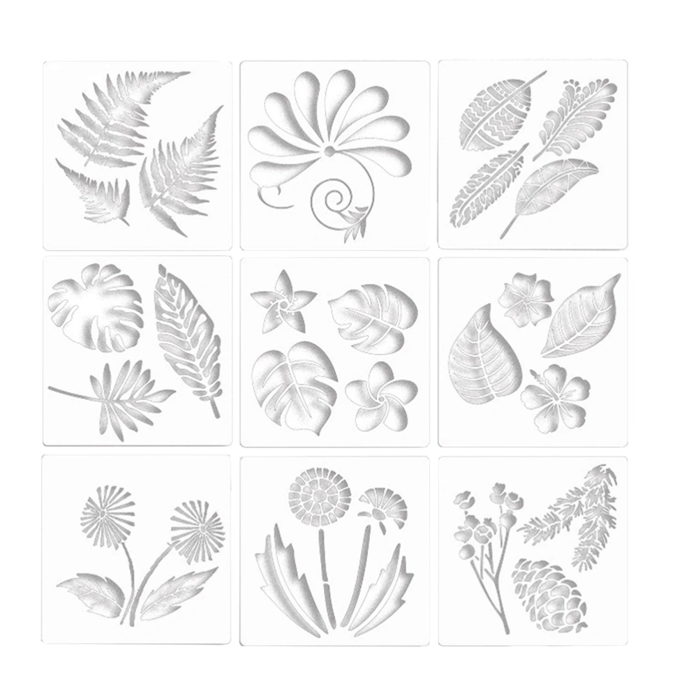 1 Set 9Pcs Summer Plant Series Painting Stencils Hollow Leaf Drawing Stencils (Transparent)