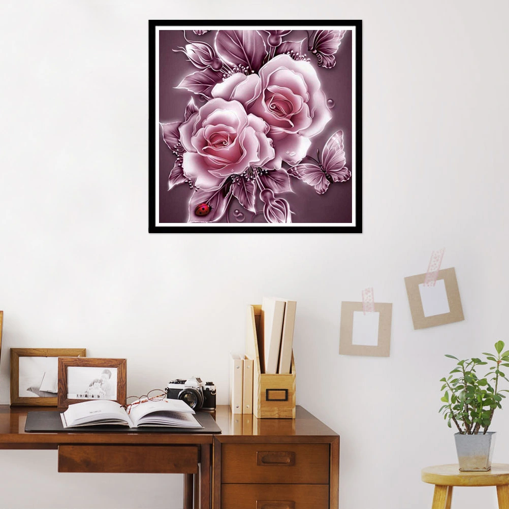5D DIY Unframed Diamond Embroidery Painting of Pink Flower Handmade Cross Stitch Printing Craft Kits