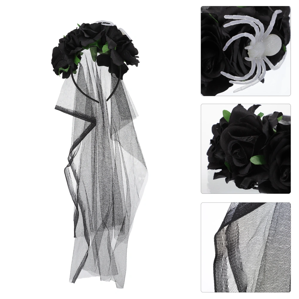 Halloween Party Headband Spider and Flower Long Mesh Veil Headdress Headpiece