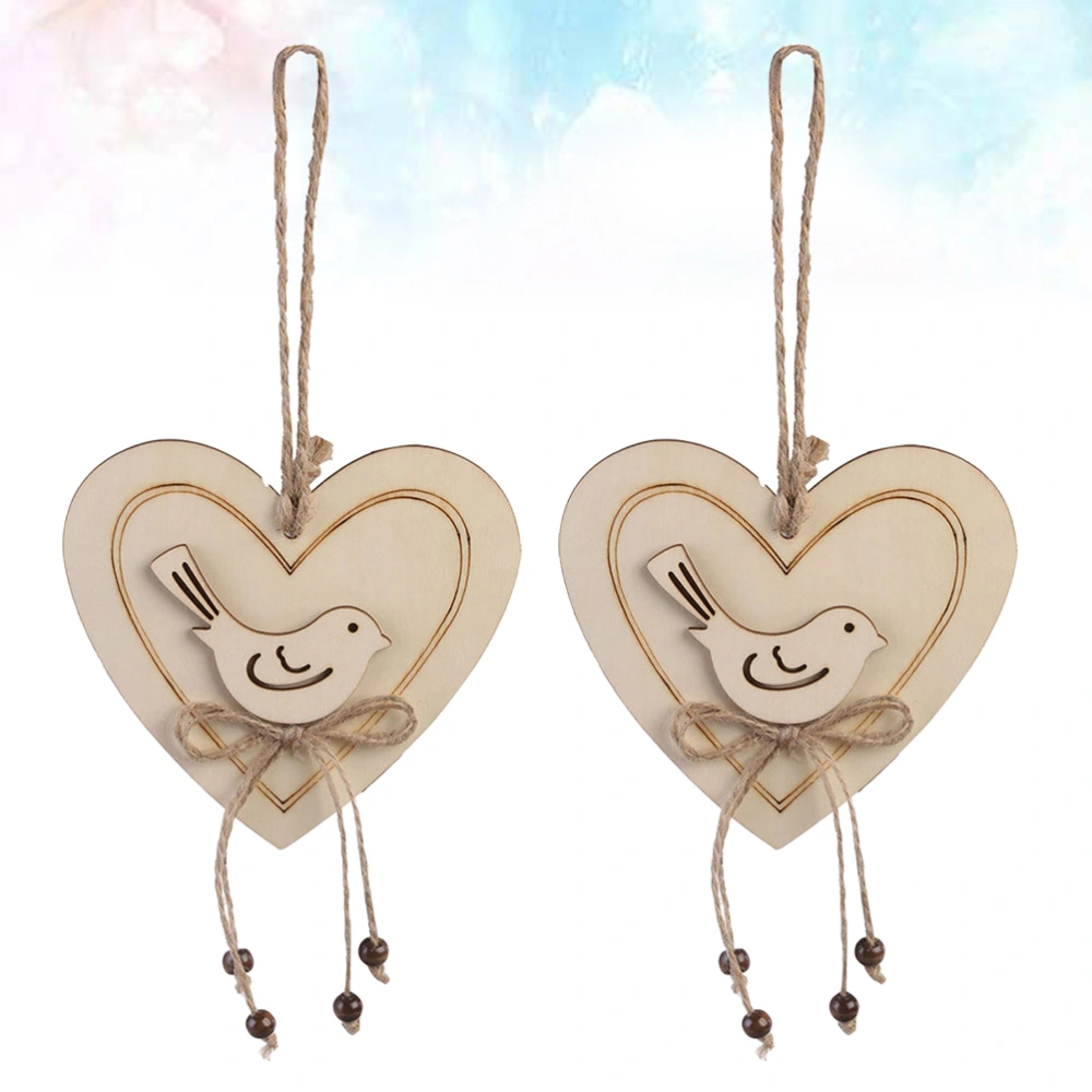 2PCS Heart Shaped Pendants Lovely Bird Decorations Wooden Hanging Crafts Wedding Ornaments for Home Party