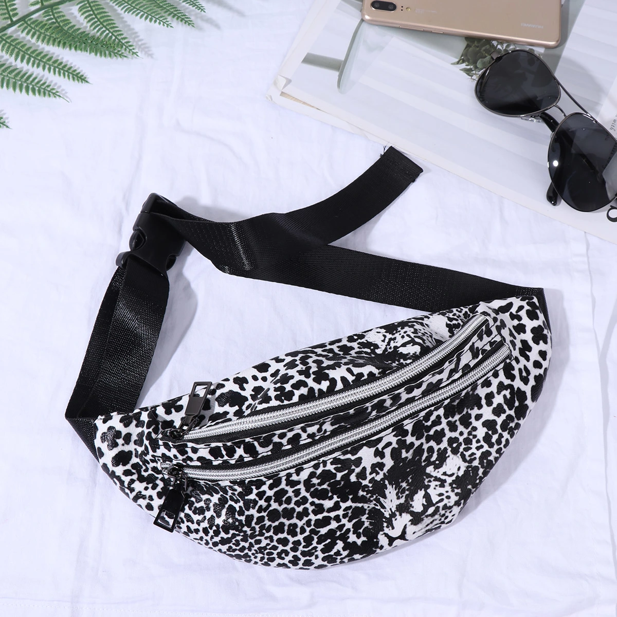 1PC Leopard Fanny Pack Dual Zipper Bag Waist Bag Bum Bag Should Bag (Black)