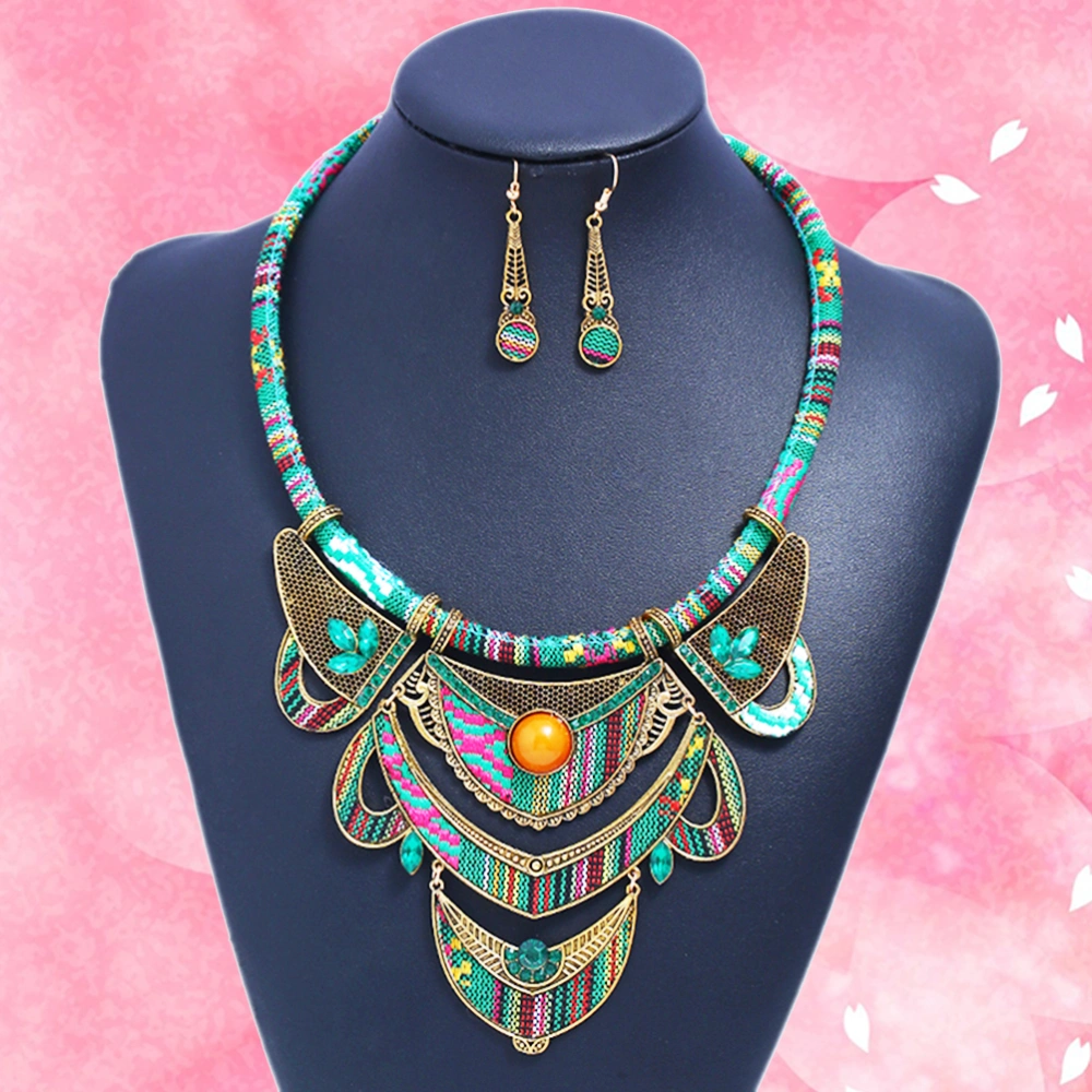 Fashion Jewelry Set Bib Necklace Earrings Set National Style Bohemian Bohemia Jewelry (Green)