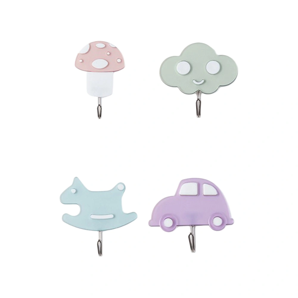 4pcs Plastic Hook Cartoon Hooks Punch Free Adhesive Hooks Kitchen Bathroom Wall Hooks (Clouds, Cars, Ponies, Mushrooms Pattern for Random Color)