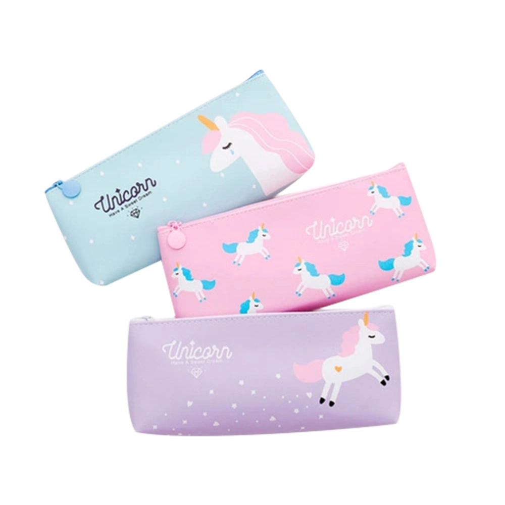 3Pcs Cartoon Unicorn Pencil Case Fashion Stationery Pencil Box School Girls Pen Holder Women Cosmetic Bag (Pink/Purple/Light Green)