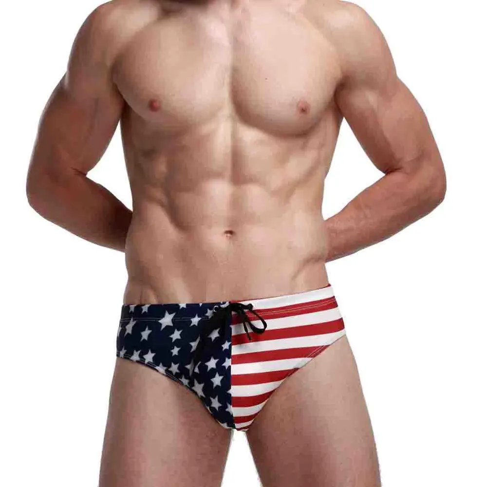 Men USA Flag Printing Brief Triangle Underpants Swimwear Bikini Briefs Beach Swimsuit Size XL (Blue)