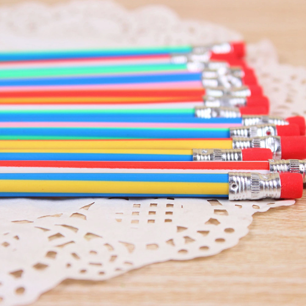 10pcs Bendy Flexible Colorful Stripe Pencil with Eraser Childrens School Stationary Fun Writing Equipment for Kids Students