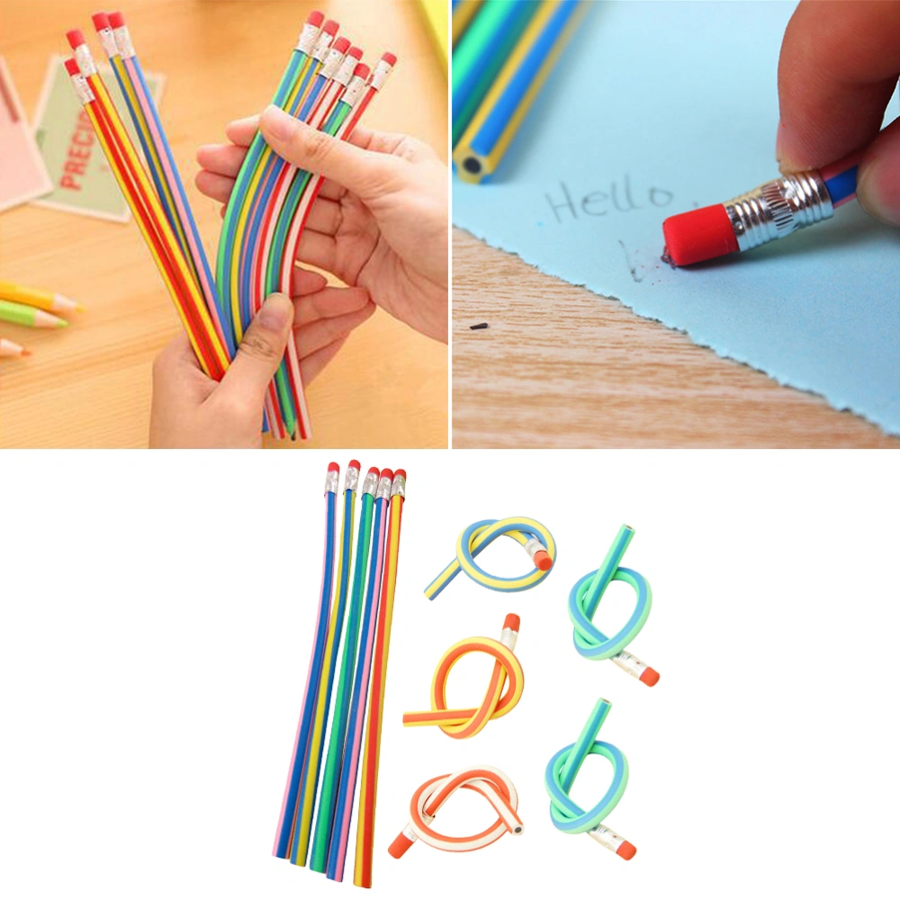 10pcs Bendy Flexible Colorful Stripe Pencil with Eraser Childrens School Stationary Fun Writing Equipment for Kids Students