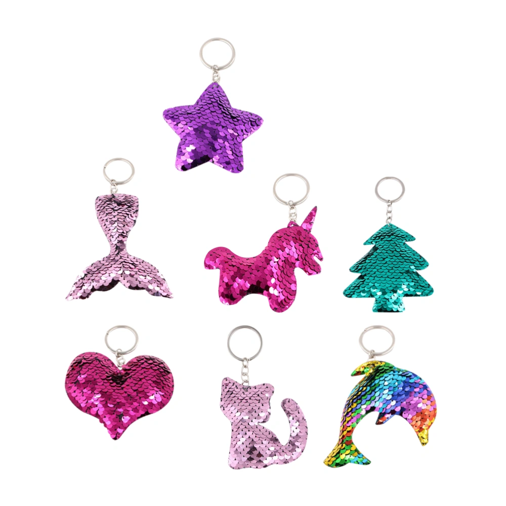 7pcs Fashion Sequins Keychain Creative Key Rings Backpack Hanging Ornament (Rosy Unicorn, Purple Star, Pink Fish Tail, Pink Cat, Rosy Heart, Colorful Dolphin, Green Christmas Tree)