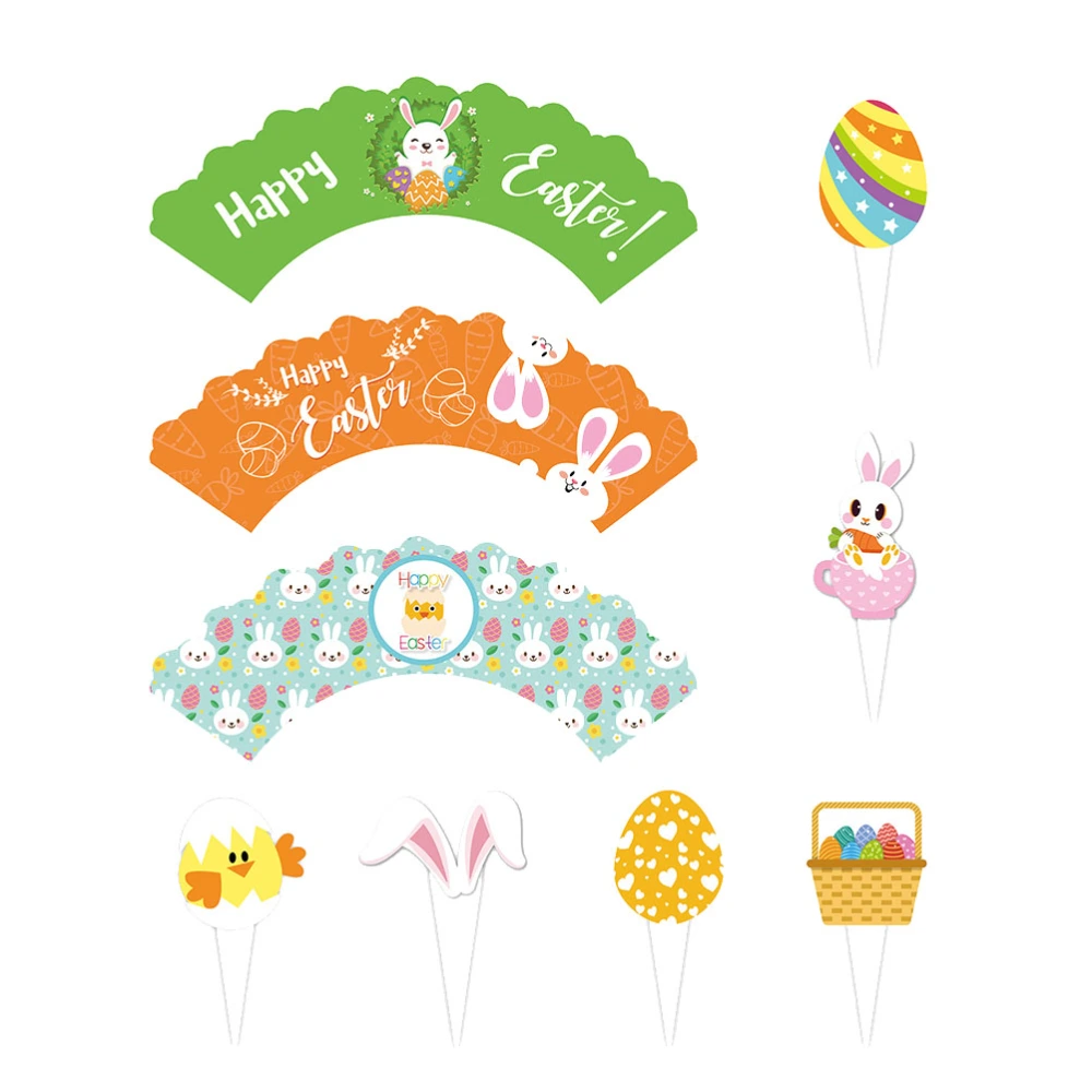 48pcs Easter Cupcake Wrapper and Toppers Set Rabbit Easter Egg Theme Fruit Insert Cake Linner Paper Cake Decorating Fruit Picks (24pcs Cake Wrapper and 24pcs Cake Toppers)