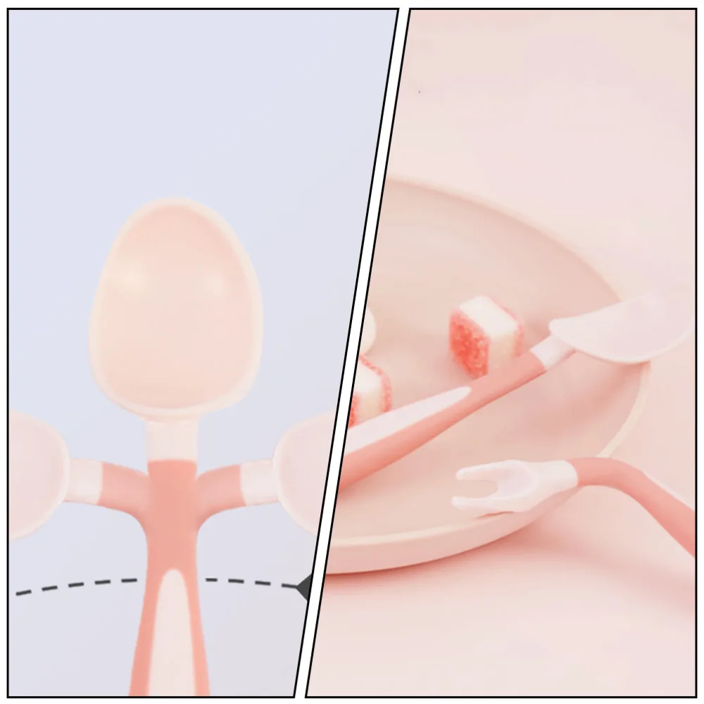 1 Set Kids Eating Spoons Forks Toddler Tableware Training Cutlery (Pink)