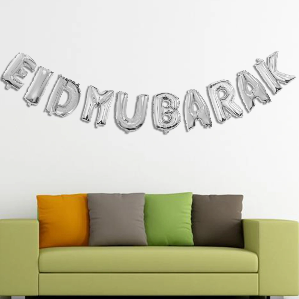 16inch EID MUBARAK Letter Balloon Bunting Banner Ramadan Decoration for Eid al-Adha (Silver)