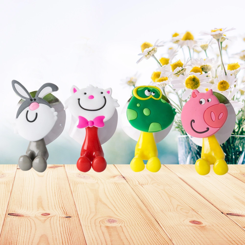 4pcs Multifunctional Cartoon Animal Suction Cup Toothbrush Holder Hooks Bathroom Accessories (Pig & Rabbit & & Cat)