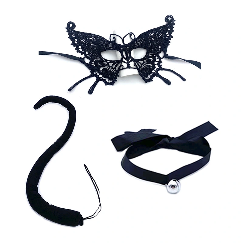 1 Set Lace Mask Cat Mask Neck Choker Tail Prop Fancy Dress Costume Accessories