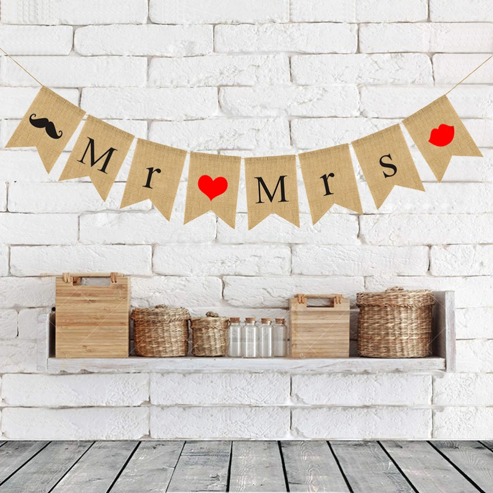 MR MRS Letters Bunting Banner Lip Beard Pattern Linen Banner Swallowtail Pull Flag Party Supplies for Wedding