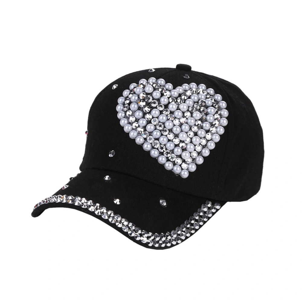 Fashion Love Heart Shaped Rhinestone Diamond Sunscreen Hat Baseball Hat Students Casual Adjustable Cotton Hat(Black)