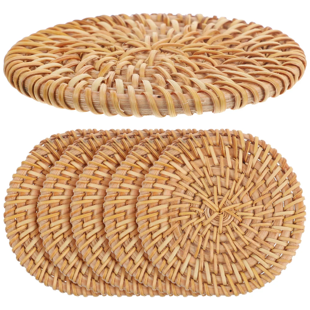 6pcs Rattan Placemat Handmade Woven Cup Cushion Heat Insulation Woven Coaster