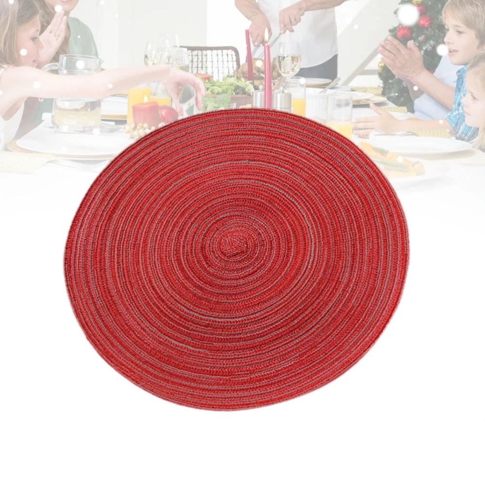 Round Cotton Linen Woven Placemat Western Food Pad Kitchen Non-slip Heat Resistant Coaster Table Mat for Dining Table (Red, L)