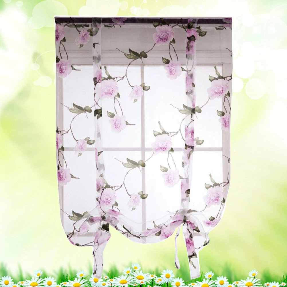 Floral Roman Curtain Semi Sheer Window Shade Sling Tie Blinds for Living Room Balcony Bedroom 1.4 x 1.6m (Purple)