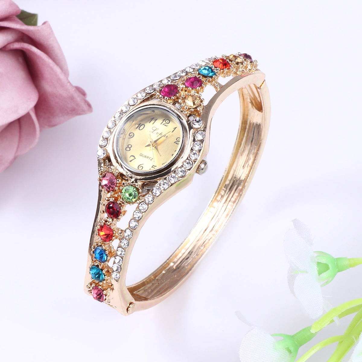 Female Watch Luxury Fashion Diamond Quartz Watch Exquisite Bracelet Watch for Women (Colorful)