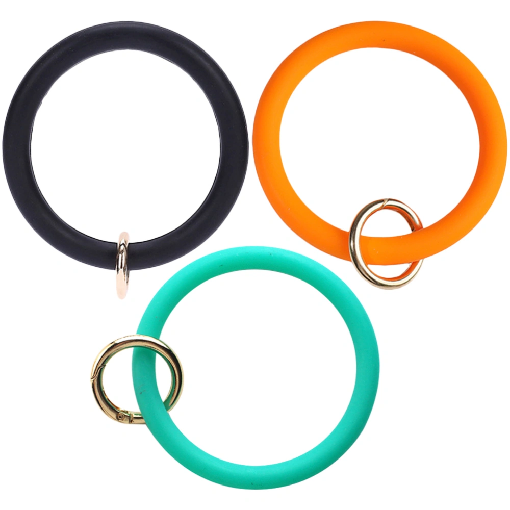 3Pcs Silicone Bracelet Kkey Ring Alloy Ring Creative Round Shaped Key Chain(Black+Blue+Orange)