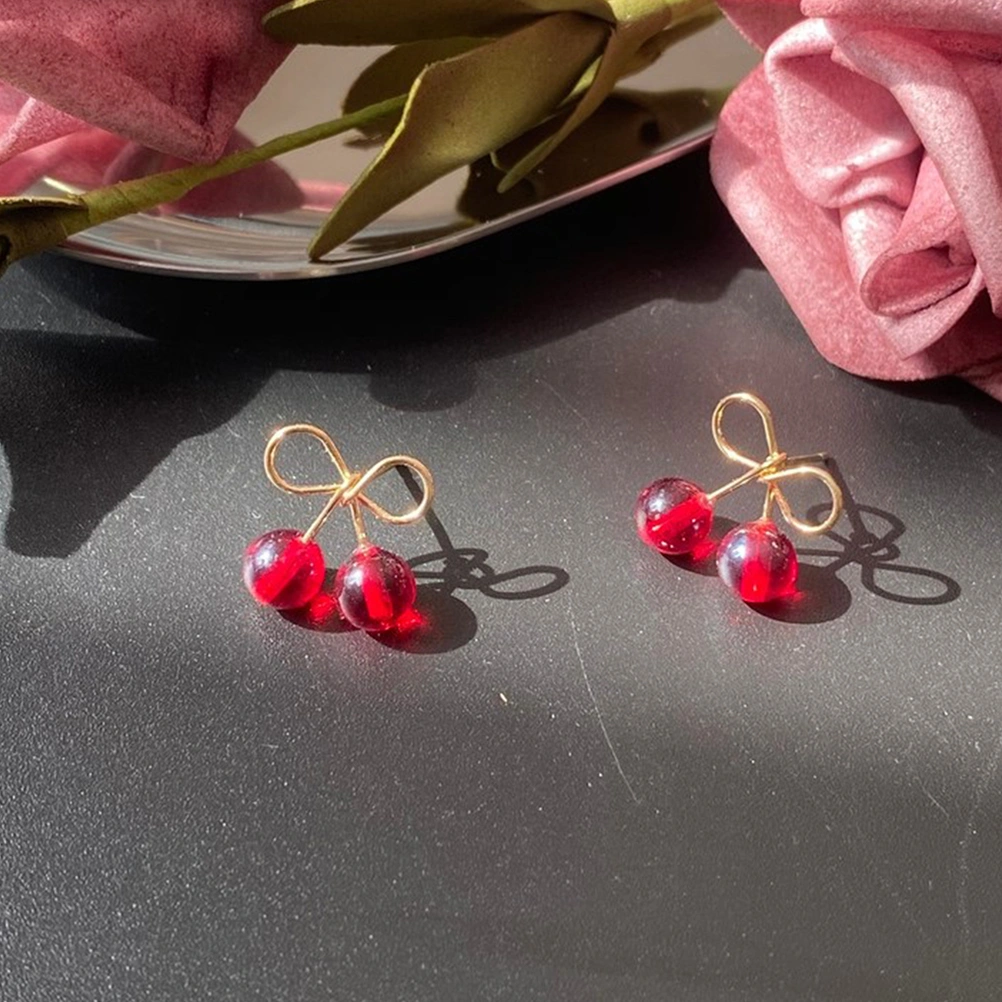 1 Pair Cherry Ear Studs Eardrop Bow Shape Earrings Ear Accessories Jewelry