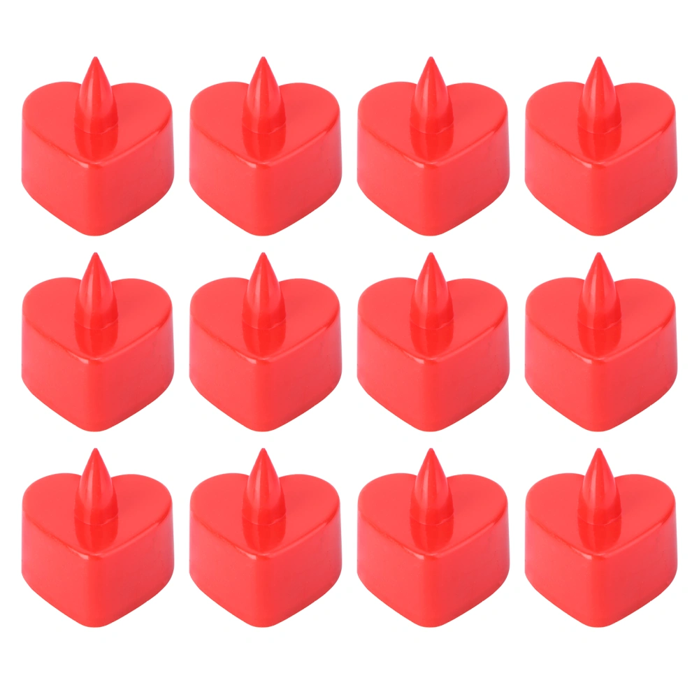 12pcs LED Electronic Candle Lamp Heart Shape Candle Lights Flameless Tealight Romantic Party Decor (Red Shell, Red Light, No Flashing)