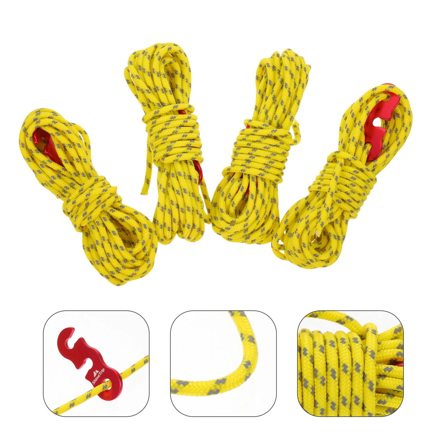 4 Pcs 3mm Reflective Tent Line Rope Camping Cord with Rope Hook Buckle Camping Tool for Tent Camping Hiking Backpacking Climbing (Yellow)