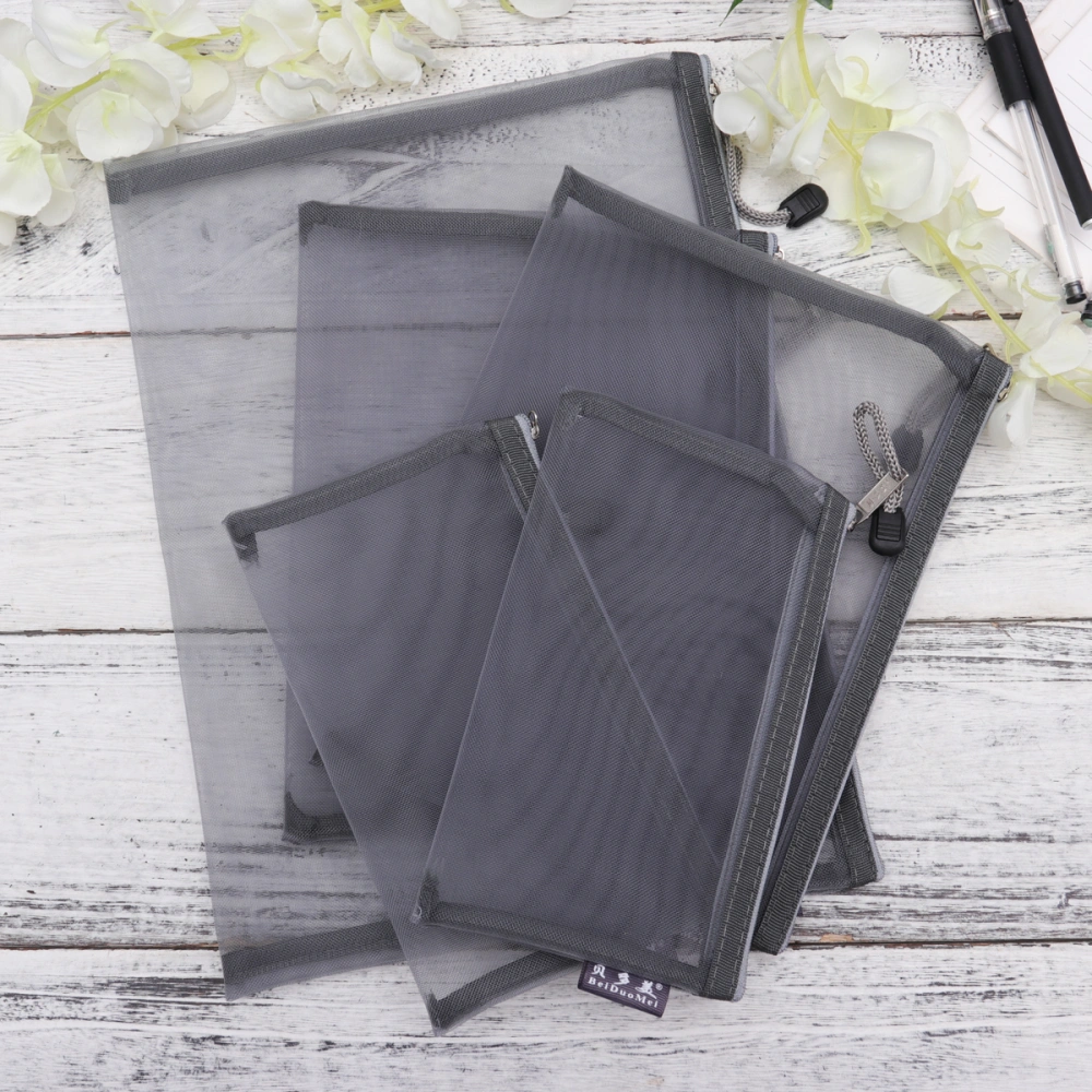 5pcs Grey Portable Office Stationery Bag Mesh Zippered File Bag Pencil Pouch for Office School Supplies