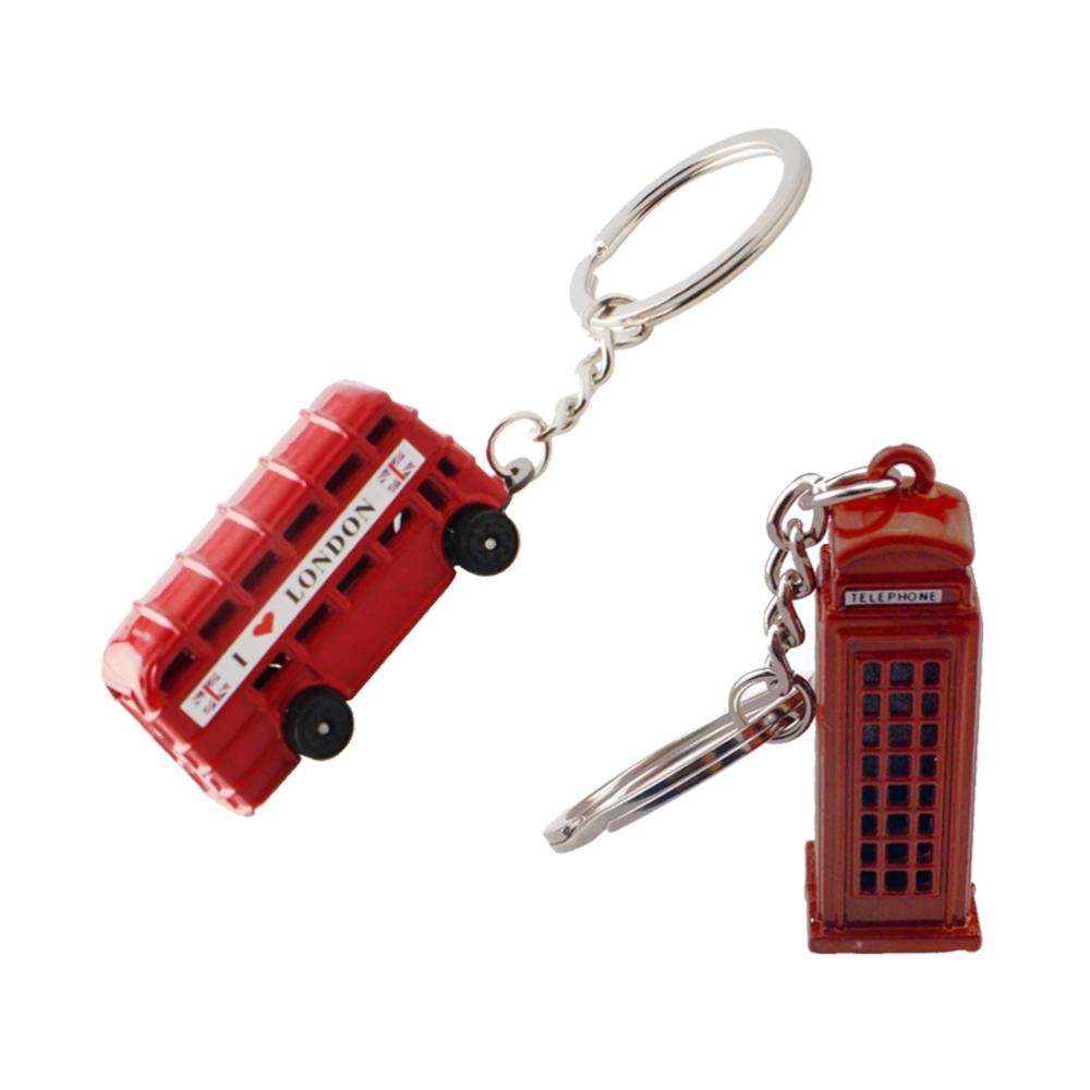 4pcs Fashion Metal Key Chain Double Deck Bus Pendants Car Key Holder Phone Booth Creative Keychain Gift Accessories(2 Bus+ 2 Phone Booth,Red)