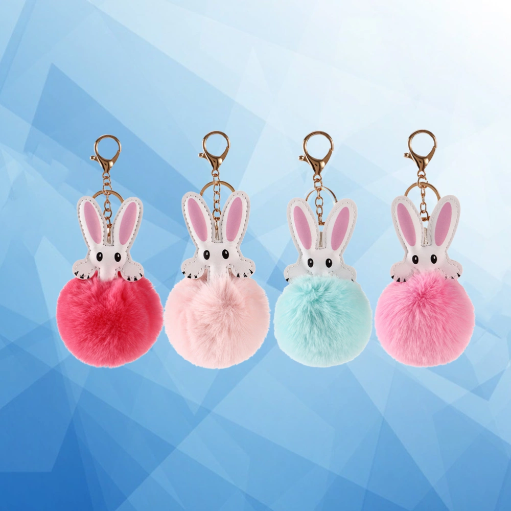 4Pcs Bunny Hair Shaped Key Chain Bag Hanging Pendant Car Key Ring Pendant Bag Decoration (Pink + Dark Pink + Blue + Watermelon Red)