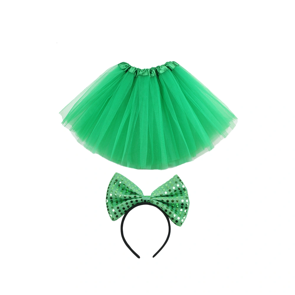 1PC St. Patrick's Day Skirt with 1PC Bowknot Hair Festival Three-layered Gauzy Dress Festival Large Bowknot Headband for Adults Women Wearing Green