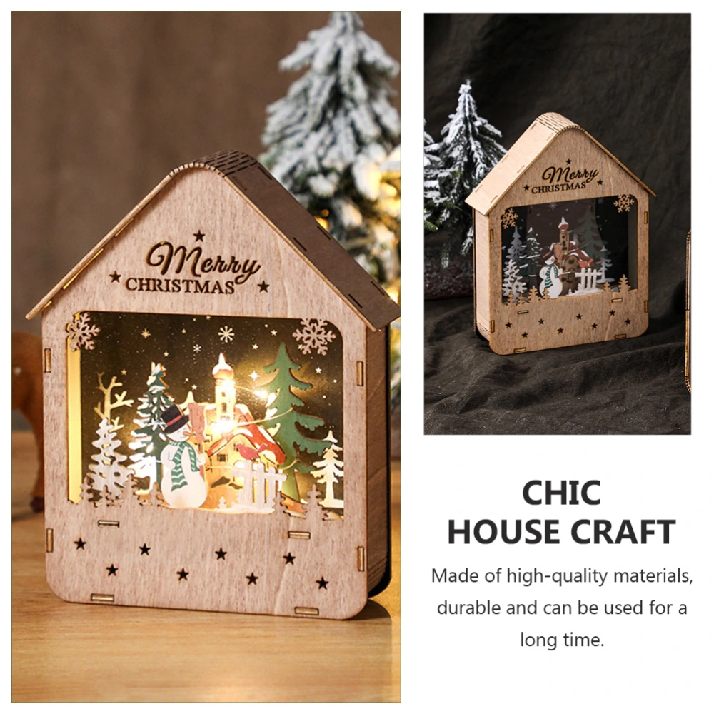 1pc Christmas Luminous Wooden House Desktop Ornament Desktop Decor (Wood Color)