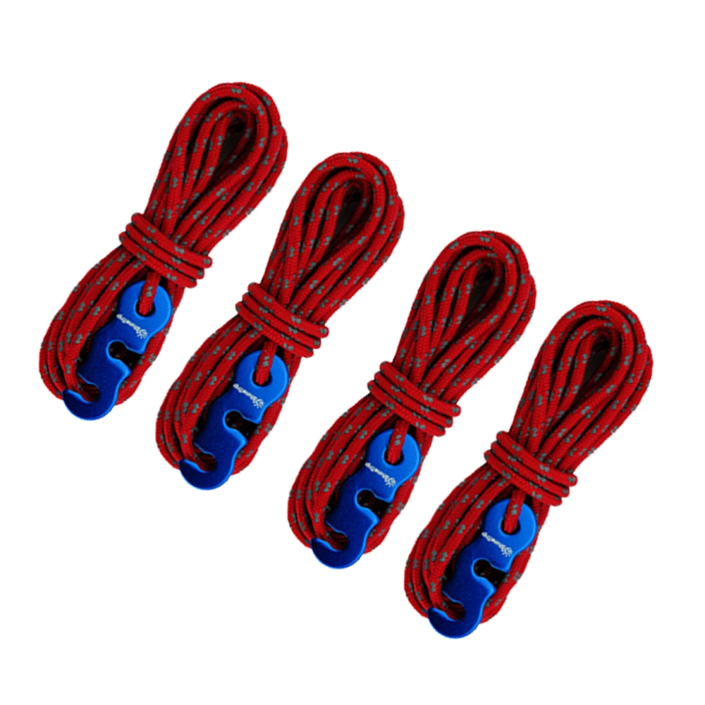 4 Pcs 3mm Reflective Tent Line Rope Camping Cord with Rope Hook Buckle Camping Tool for Tent Camping Hiking Backpacking Climbing (Red)