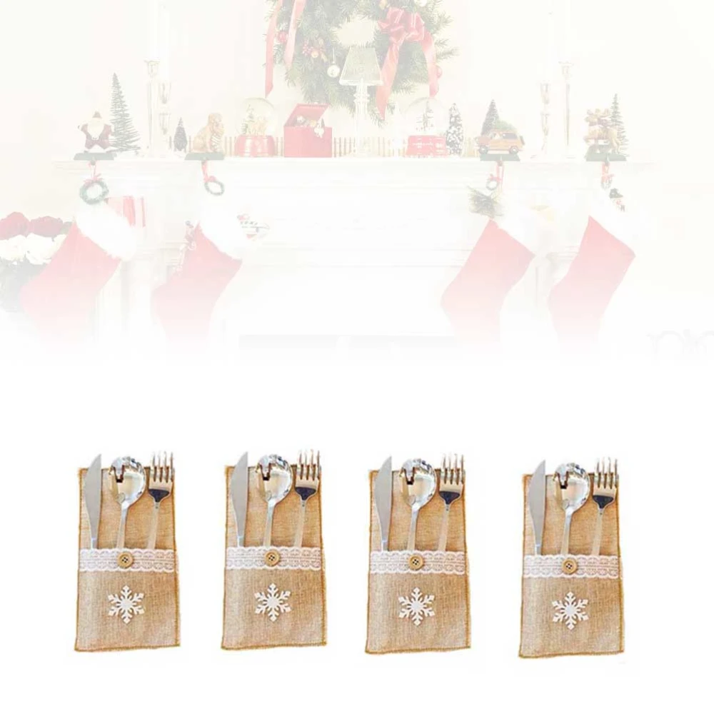 8Pcs Christmas Linen Tableware Bags Knives Forks Spoons Cutlery Bags for Hotel Restaurant Snowflake Pattern