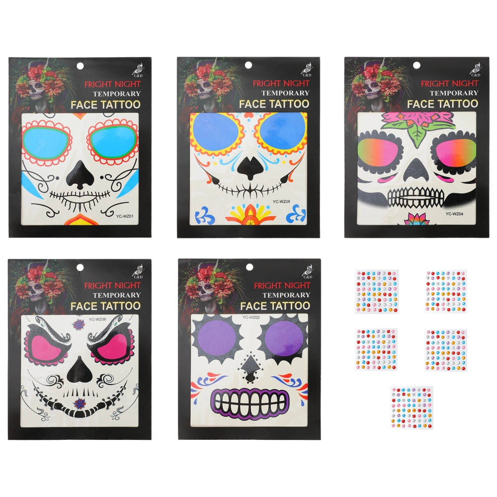 5 Sheets Halloween Face Tattoos Sticker with 5 Sheets Rhinestone Tattoos Sticker