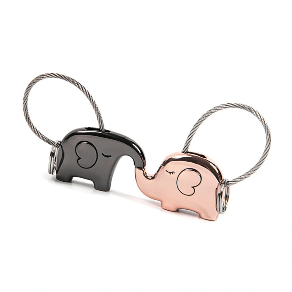 2PCS Lovely Elephant Key Ring Creative Kissing Animal Couple Keychain Metal Wire Rope Kiss Key Holder Keyring Gift (Black and Rose Gold)