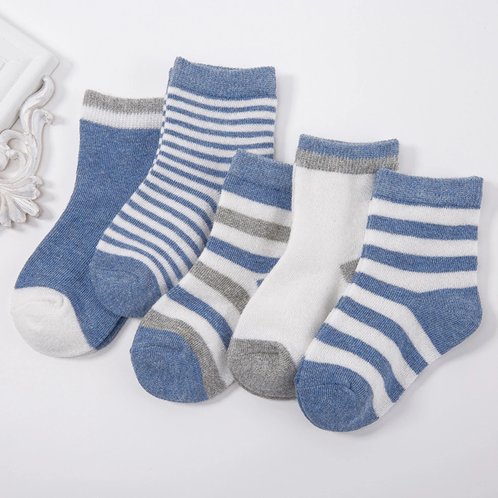 5Pairs Children Cotton Socks Spring Autumn New Baby Striped Tube Socks Autumn Winter Cotton Socks - Size S for 0-1Y (Blue)
