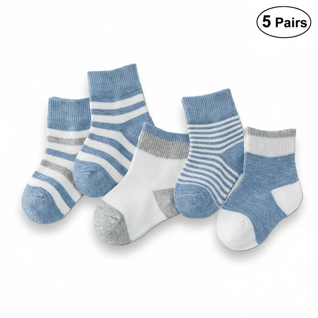 5Pairs Children Cotton Socks Spring Autumn New Baby Striped Tube Socks Autumn Winter Cotton Socks - Size S for 0-1Y (Blue)