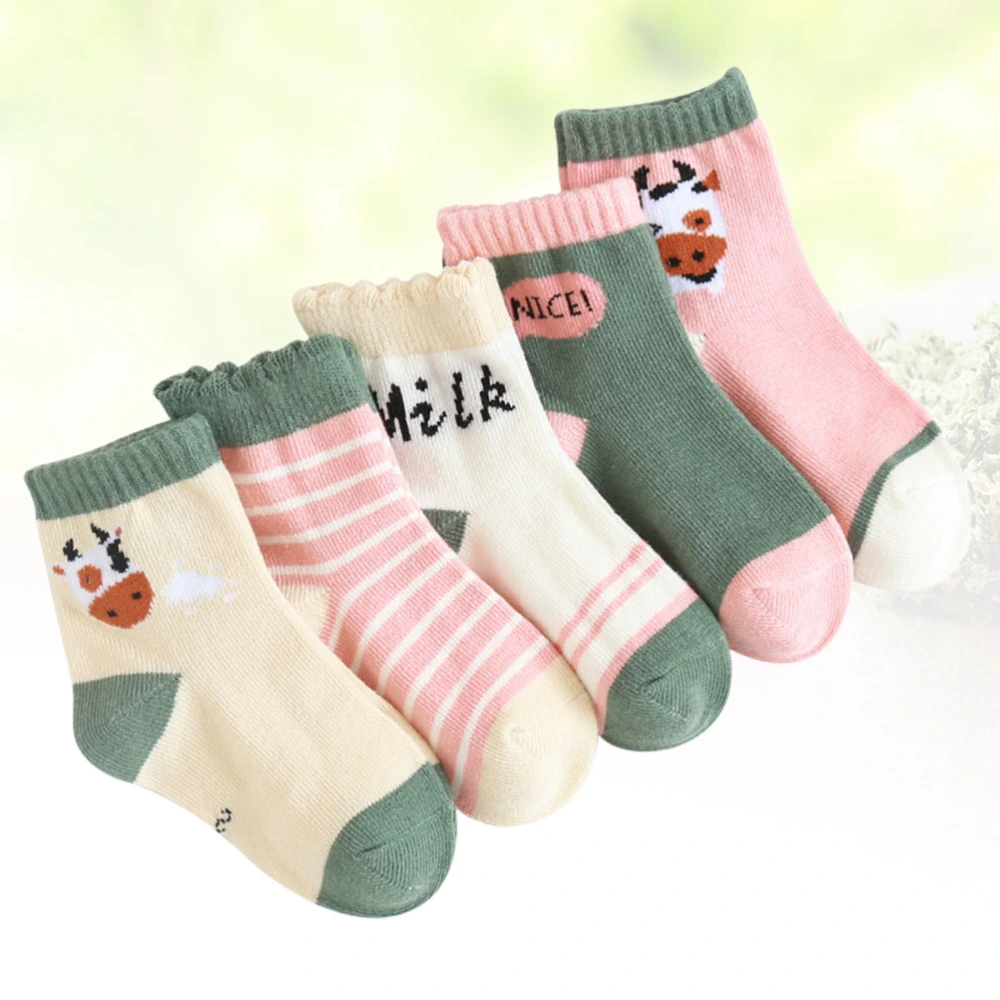 5 Pairs Cow Themed Baby Socks Students Knee Medium Tube Stockings Autumn Winter Cotton Socks for 3-5 Years Old Kids - Size M