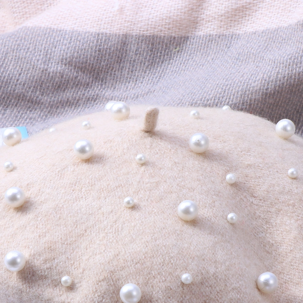 Women's Pearl Beret Autumn Winter Cashmere Luxury Heavy Work Beret Starry Beaded Pearl Rivet Wool Beret Free Size (Beige)