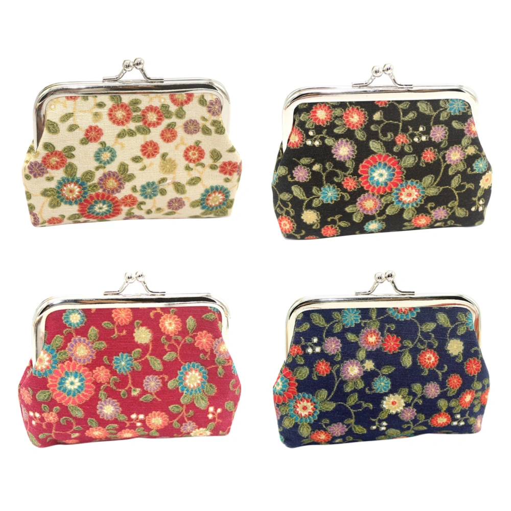 4pcs Vintage Flower Short Purse Retro Canvas Coin Bag Buckle Small Wallet Woman Fashion Portable Change Bag Key Storage Pouch(Red, Dark Blue, Black, Light Yellow,1pc for Each Color)