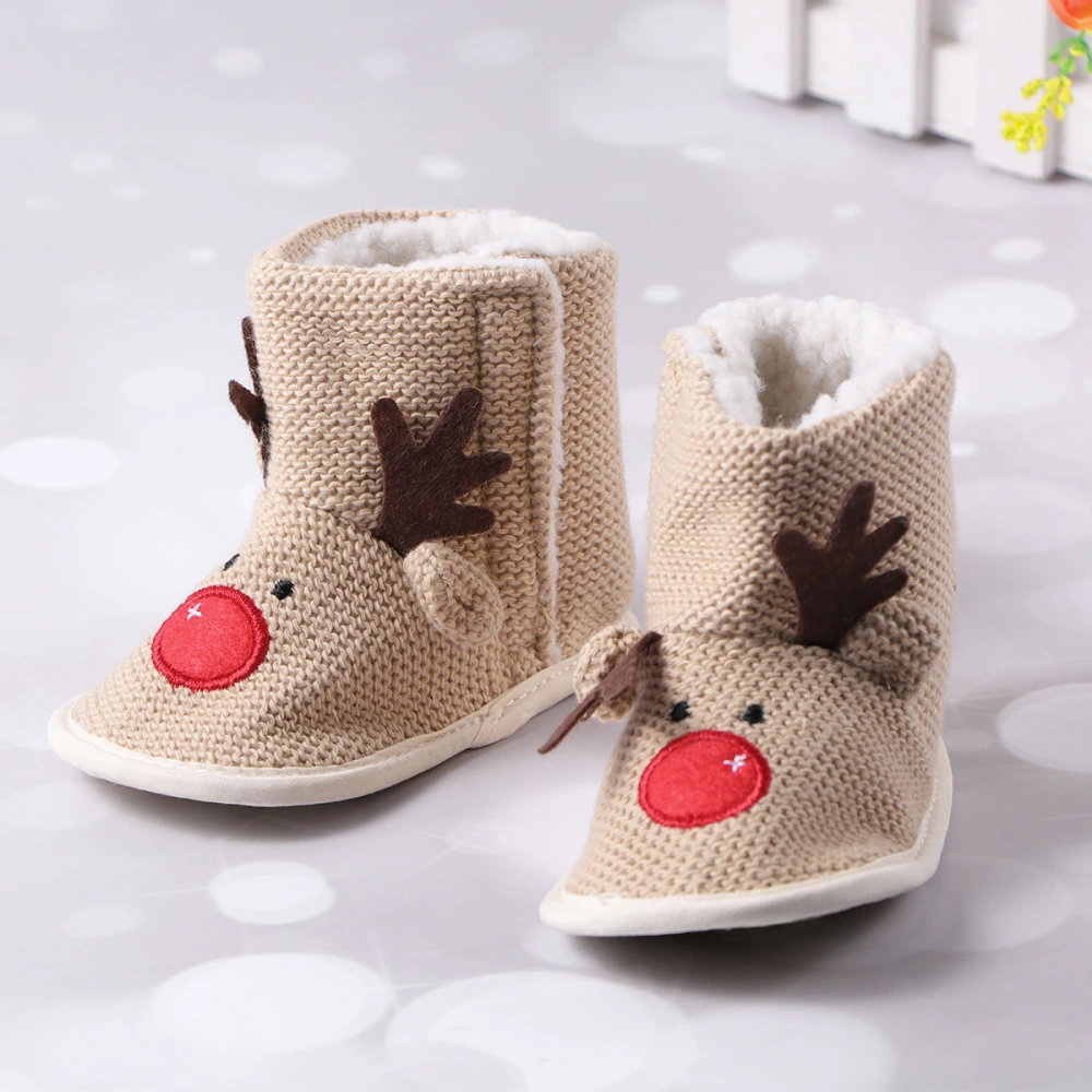 Baby's Christmas Cotton Shoes Elk Pattern Warm Bottom Boots Non-slip Winter Shoes Infant Boots for Baby 0-12 Months (Size 3 Beige 11cm)