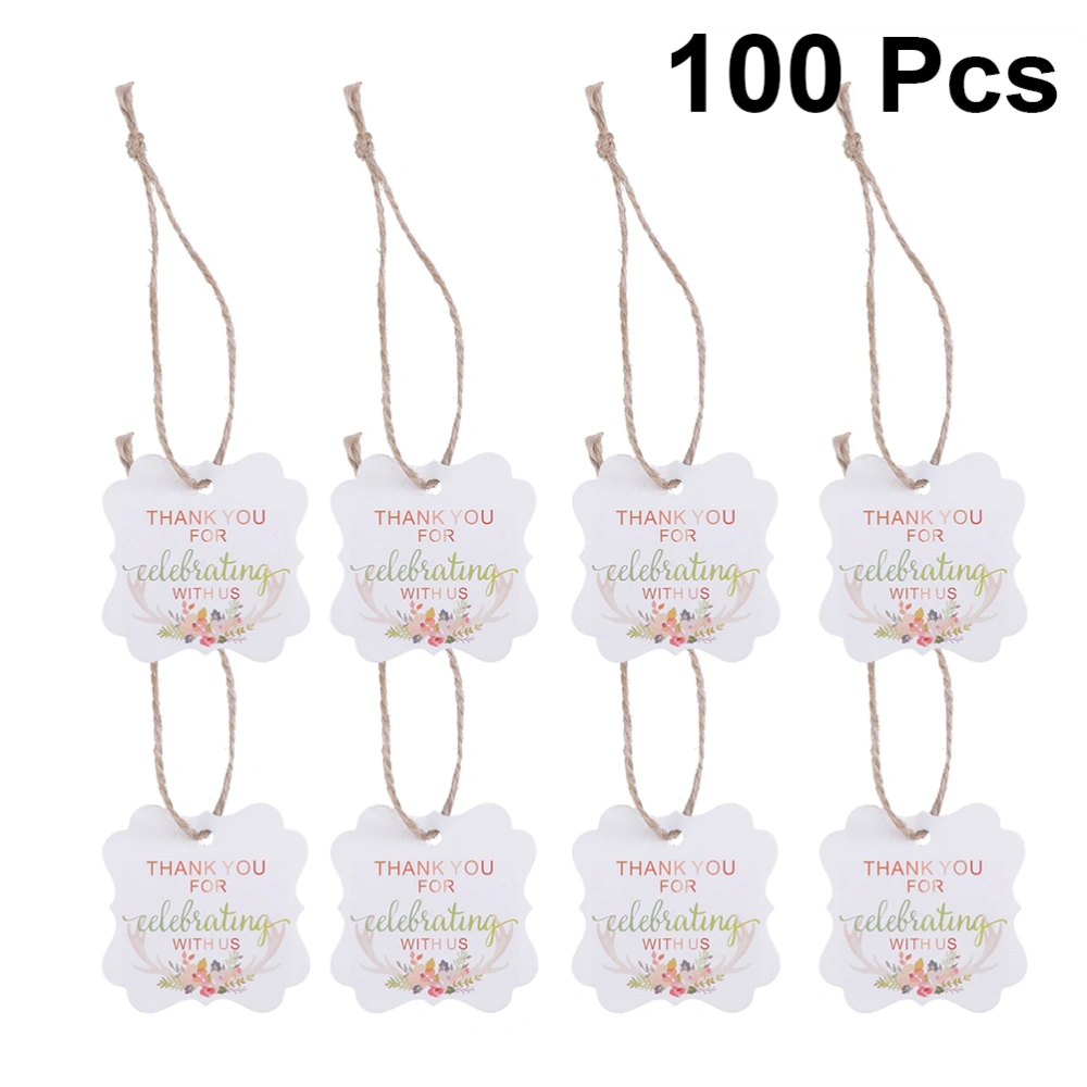 100pcs Gift Hangtag Antler Printed Decor Thank You Paper Hanging Tags with Twine String for Wedding Baking Gift Party