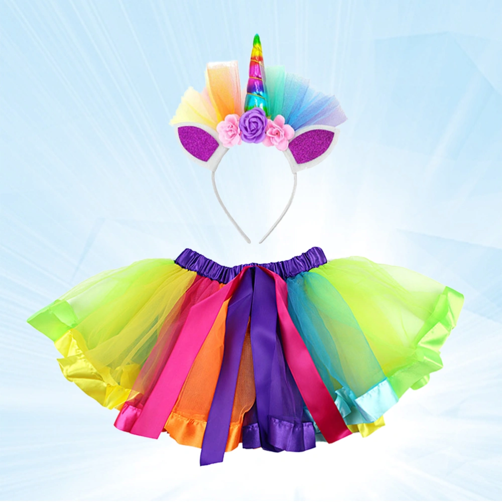 1 Set Skirt Suit Bubble Skirt Rainbow Bubble Skirt  Unicorn Hair Band for Party Performance Decoration (Size L Suitable for 0-3 Years Old)