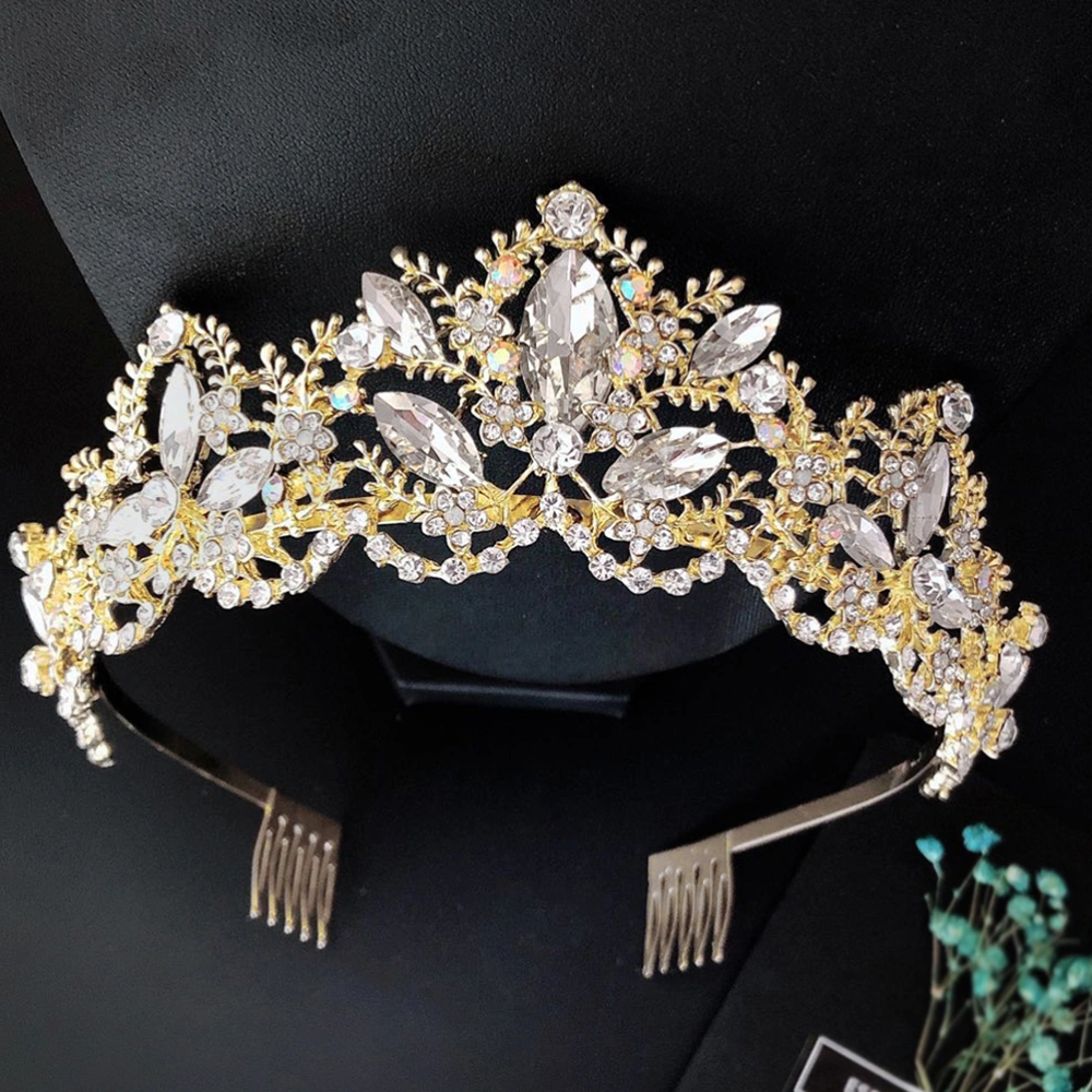 Baroque Bride Crown with Comb Delicate Wedding Headdress Headwear Unique Wedding Dress Accessories for Women Female (Golden)