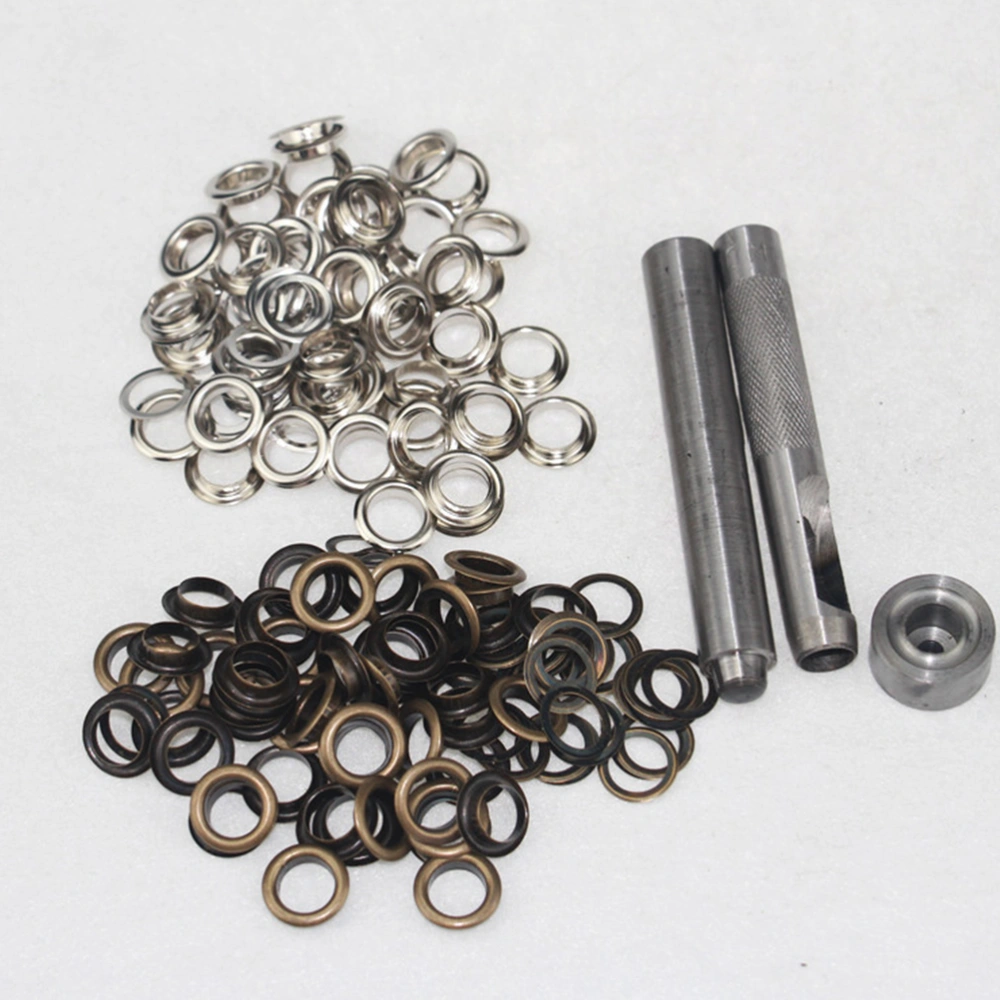 100 Set Grommets Kit Sturdy Brass Eyelets Button Kit with Tools Multipurpose Eyelets Button Set for Shoes Clothes Crafts Use (Antique Brass+Silver)Inner Diameter 5MM